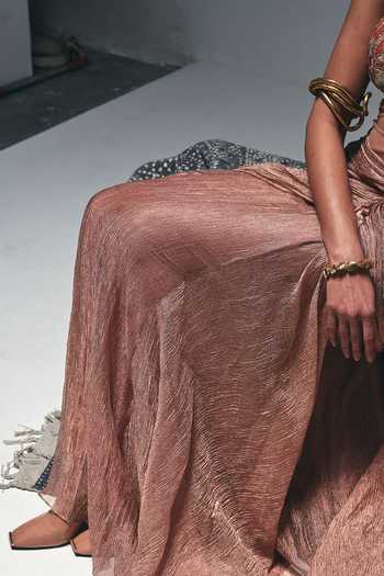 Buy Nidhi Kejriwal Peach Cotton, Net, Tissue Sequins, Curtain Draped A-line Flared Saree Gown Buy_Nidhi Kejriwal_Peach Cotton, Net, Tissue Sequins, Curtain Draped A-line Flared Saree Gown