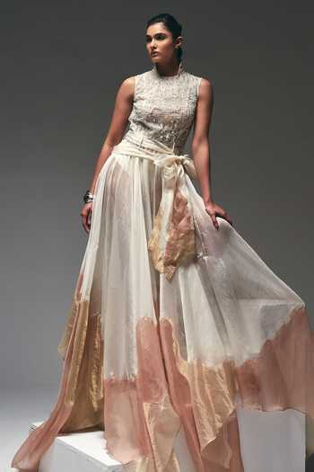 Nidhi Kejriwal Peach Organza, Net, Tissue Stones, Cut Curtain Draped Asymmetric Flared Gown Online at Aza Fashions Nidhi Kejriwal_Peach Organza, Net, Tissue Stones, Cut Curtain Draped Asymmetric Flared Gown _Online_at_Aza_Fashions