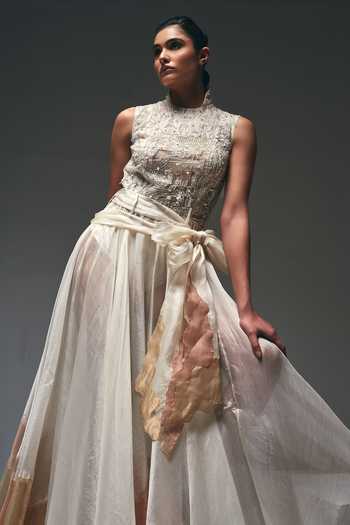 Buy Nidhi Kejriwal Peach Organza, Net, Tissue Stones, Cut Curtain Draped Asymmetric Flared Gown Online at Aza Fashions Buy_Nidhi Kejriwal_Peach Organza, Net, Tissue Stones, Cut Curtain Draped Asymmetric Flared Gown _Online_at_Aza_Fashions