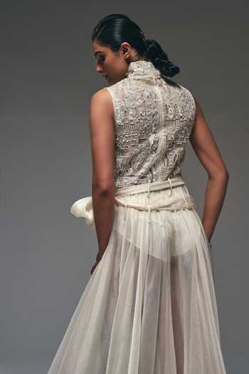 Shop Nidhi Kejriwal Peach Organza, Net, Tissue Stones, Cut Curtain Draped Asymmetric Flared Gown Online at Aza Fashions Shop_Nidhi Kejriwal_Peach Organza, Net, Tissue Stones, Cut Curtain Draped Asymmetric Flared Gown _Online_at_Aza_Fashions