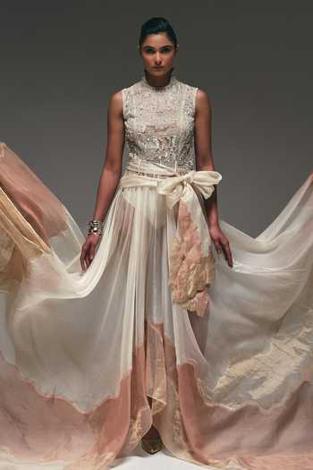 Nidhi Kejriwal Peach Organza, Net, Tissue Stones, Cut Curtain Draped Asymmetric Flared Gown at Aza Fashions Nidhi Kejriwal_Peach Organza, Net, Tissue Stones, Cut Curtain Draped Asymmetric Flared Gown _at_Aza_Fashions