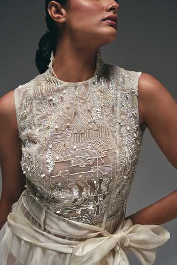 Buy Nidhi Kejriwal Peach Organza, Net, Tissue Stones, Cut Curtain Draped Asymmetric Flared Gown Buy_Nidhi Kejriwal_Peach Organza, Net, Tissue Stones, Cut Curtain Draped Asymmetric Flared Gown