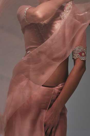 Nidhi Kejriwal_Rose Gold Organza Embroidered Border Saree With Blouse _Online_at_Aza_Fashions