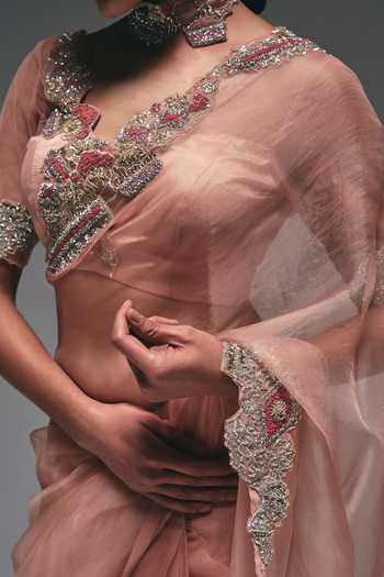 Buy_Nidhi Kejriwal_Rose Gold Organza Embroidered Border Saree With Blouse _Online_at_Aza_Fashions