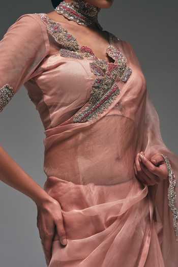 Shop_Nidhi Kejriwal_Rose Gold Organza Embroidered Border Saree With Blouse _Online_at_Aza_Fashions