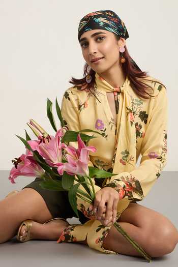 Shop The Whole Nine Yards Yellow Silk, Georgette High , Keyhole Vera Print Top With Shorts Online at Aza Fashions Shop_The Whole Nine Yards_Yellow Silk, Georgette High , Keyhole Vera Print Top With Shorts _Online_at_Aza_Fashions