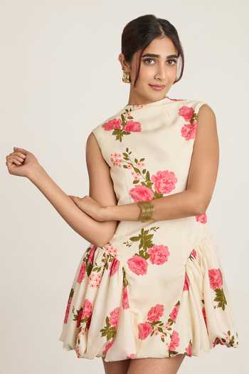 Buy_The Whole Nine Yards_Ivory Silk High Neck Alora Printed Dress _Online_at_Aza_Fashions