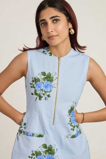 The Whole Nine Yards_Blue Cotton Round Neck Mavi Pattern Top And Skirt _Online_at_Aza_Fashions