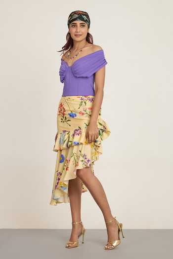 The Whole Nine Yards Purple Crepe, Silk Off-shoulder Mirari Top With Skirt Online at Aza Fashions The Whole Nine Yards_Purple Crepe, Silk Off-shoulder Mirari Top With Skirt _Online_at_Aza_Fashions