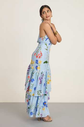 The Whole Nine Yards Blue Silk Halter Neck Brisa Print Maxi Dress Online at Aza Fashions The Whole Nine Yards_Blue Silk Halter Neck Brisa Print Maxi Dress _Online_at_Aza_Fashions