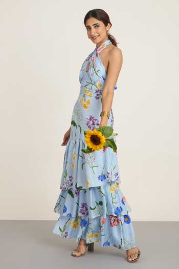 Buy The Whole Nine Yards Blue Silk Halter Neck Brisa Print Maxi Dress Online at Aza Fashions Buy_The Whole Nine Yards_Blue Silk Halter Neck Brisa Print Maxi Dress _Online_at_Aza_Fashions