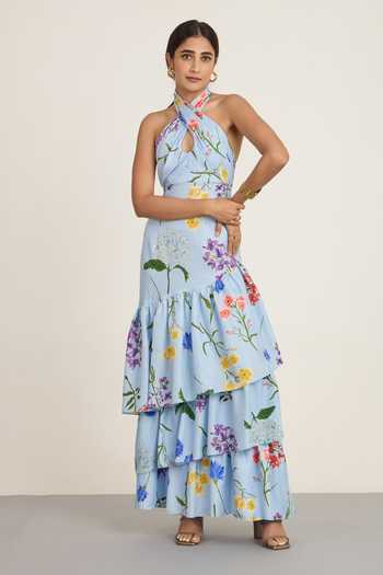 Shop The Whole Nine Yards Blue Silk Halter Neck Brisa Print Maxi Dress Online at Aza Fashions Shop_The Whole Nine Yards_Blue Silk Halter Neck Brisa Print Maxi Dress _Online_at_Aza_Fashions