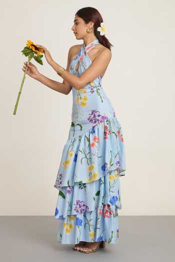 The Whole Nine Yards Blue Silk Halter Neck Brisa Print Maxi Dress at Aza Fashions The Whole Nine Yards_Blue Silk Halter Neck Brisa Print Maxi Dress _at_Aza_Fashions