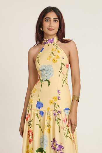 The Whole Nine Yards Yellow Silk Halter Neck Oriana Floral Print Dress Online at Aza Fashions The Whole Nine Yards_Yellow Silk Halter Neck Oriana Floral Print Dress _Online_at_Aza_Fashions