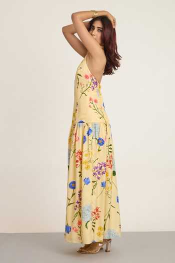 Buy The Whole Nine Yards Yellow Silk Halter Neck Oriana Floral Print Dress Online at Aza Fashions Buy_The Whole Nine Yards_Yellow Silk Halter Neck Oriana Floral Print Dress _Online_at_Aza_Fashions