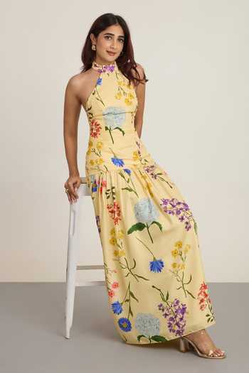 The Whole Nine Yards Yellow Silk Halter Neck Oriana Floral Print Dress at Aza Fashions The Whole Nine Yards_Yellow Silk Halter Neck Oriana Floral Print Dress _at_Aza_Fashions