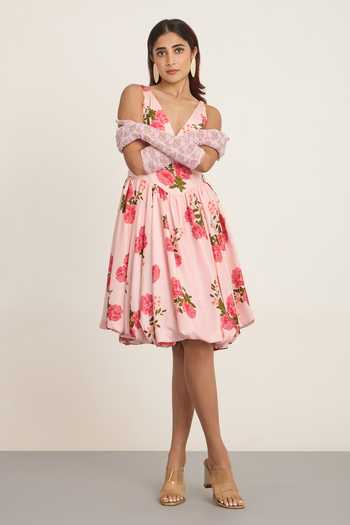 The Whole Nine Yards_Pink Silk V-neck Aerith Print Dress _Online_at_Aza_Fashions