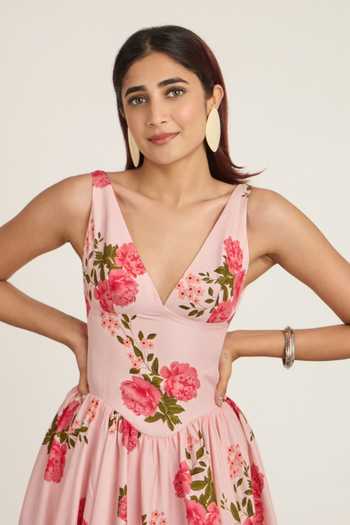 Buy_The Whole Nine Yards_Pink Silk V-neck Aerith Print Dress _Online_at_Aza_Fashions