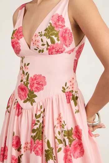 Shop_The Whole Nine Yards_Pink Silk V-neck Aerith Print Dress _Online_at_Aza_Fashions