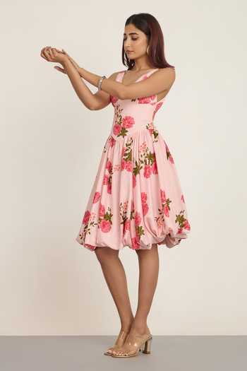 Buy_The Whole Nine Yards_Pink Silk V-neck Aerith Print Dress 