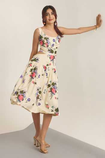 The Whole Nine Yards Cream Silk Scoop Neck Izel Printed Dress at Aza Fashions The Whole Nine Yards_Cream Silk Scoop Neck Izel Printed Dress _at_Aza_Fashions