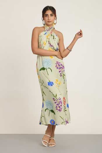 The Whole Nine Yards Green Silk Halter Neck Sage Floral Print Dress Online at Aza Fashions The Whole Nine Yards_Green Silk Halter Neck Sage Floral Print Dress _Online_at_Aza_Fashions