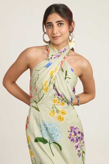 Shop The Whole Nine Yards Green Silk Halter Neck Sage Floral Print Dress Online at Aza Fashions Shop_The Whole Nine Yards_Green Silk Halter Neck Sage Floral Print Dress _Online_at_Aza_Fashions