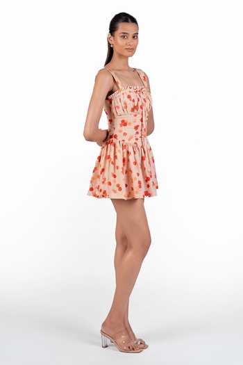 The Whole Nine Yards_Peach Silk Square Neck Eirlys Printed Dress _Online_at_Aza_Fashions