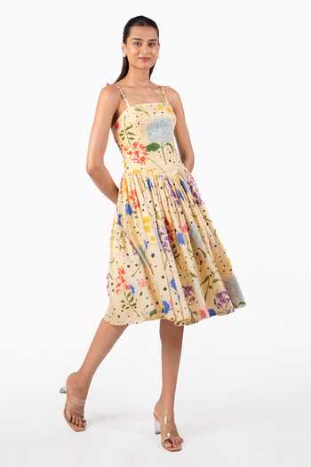 The Whole Nine Yards_Yellow Silk Square Neck Euphony Floral Print Midi Dress _Online_at_Aza_Fashions