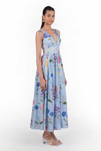 The Whole Nine Yards Blue Silk Plunge Neck Luma Print Maxi Dress Online at Aza Fashions The Whole Nine Yards_Blue Silk Plunge Neck Luma Print Maxi Dress _Online_at_Aza_Fashions
