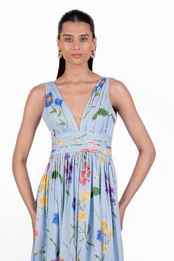 Buy The Whole Nine Yards Blue Silk Plunge Neck Luma Print Maxi Dress Online at Aza Fashions Buy_The Whole Nine Yards_Blue Silk Plunge Neck Luma Print Maxi Dress _Online_at_Aza_Fashions