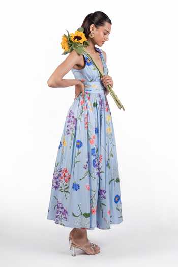 Shop The Whole Nine Yards Blue Silk Plunge Neck Luma Print Maxi Dress Online at Aza Fashions Shop_The Whole Nine Yards_Blue Silk Plunge Neck Luma Print Maxi Dress _Online_at_Aza_Fashions