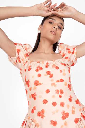 The Whole Nine Yards Peach Silk Square Neck Zinn Printed Dress Online at Aza Fashions The Whole Nine Yards_Peach Silk Square Neck Zinn Printed Dress _Online_at_Aza_Fashions