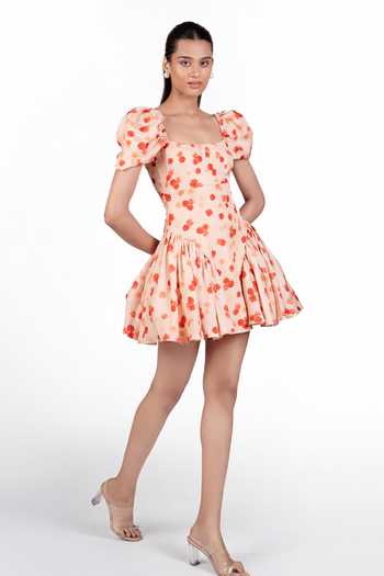 Buy The Whole Nine Yards Peach Silk Square Neck Zinn Printed Dress Online at Aza Fashions Buy_The Whole Nine Yards_Peach Silk Square Neck Zinn Printed Dress _Online_at_Aza_Fashions