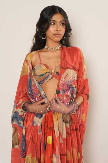 Esha L Amin_Red Crepe, Viscose Floral Print Cape _Online_at_Aza_Fashions