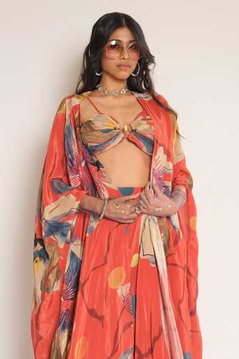 Buy_Esha L Amin_Red Crepe, Viscose Floral Print Cape _Online_at_Aza_Fashions