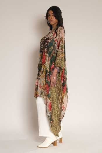 Esha L Amin_Green Crepe, Viscose V-neck Flamingo Print Kaftan _Online_at_Aza_Fashions