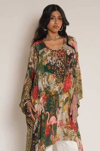 Buy_Esha L Amin_Green Crepe, Viscose V-neck Flamingo Print Kaftan _Online_at_Aza_Fashions