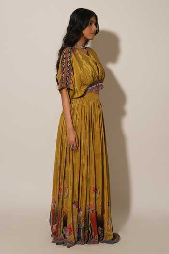 Esha L Amin_Mustard Viscose, Crepe Border Embroidered Skirt _Online_at_Aza_Fashions