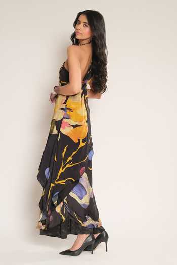 Esha L Amin_Black Viscose, Crepe One Shoulder Print Dress _Online_at_Aza_Fashions