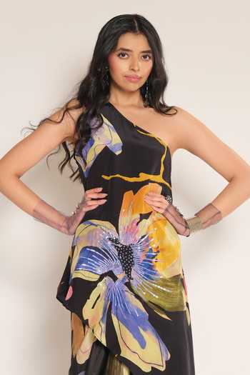 Buy_Esha L Amin_Black Viscose, Crepe One Shoulder Print Dress _Online_at_Aza_Fashions