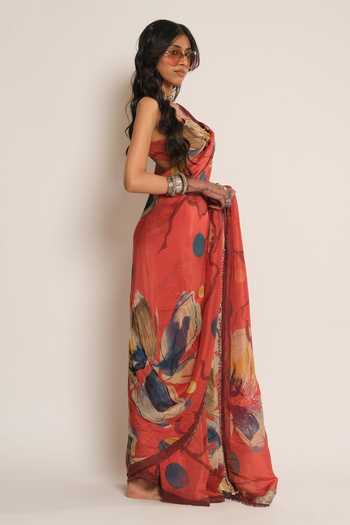 Esha L Amin_Red Organza Floral Print Saree _Online_at_Aza_Fashions