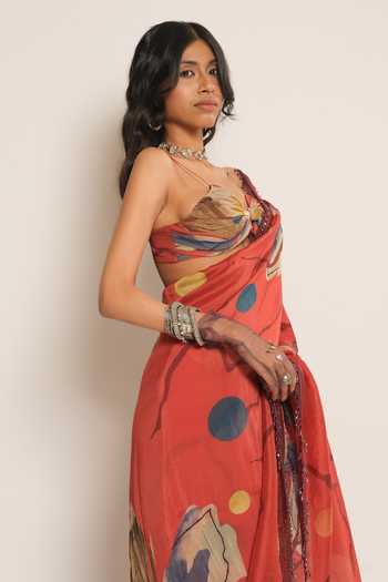 Buy_Esha L Amin_Red Organza Floral Print Saree _Online_at_Aza_Fashions