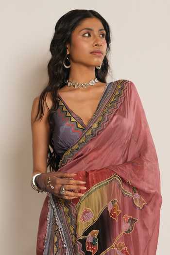 Esha L Amin_Magenta Organza Sequin Work Saree _Online_at_Aza_Fashions