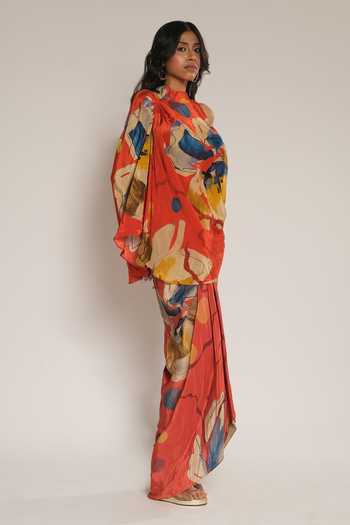 Esha L Amin_Red Viscose, Crepe Halter Neck Print Top _Online_at_Aza_Fashions