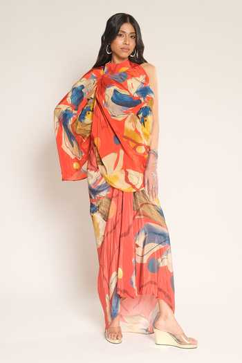 Buy_Esha L Amin_Red Viscose, Crepe Halter Neck Print Top _Online_at_Aza_Fashions