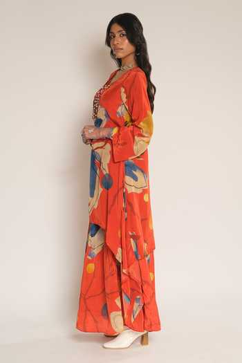 Esha L Amin_Red Crepe, Viscose Round Neck Floral Print Asymmetric Tunic _Online_at_Aza_Fashions