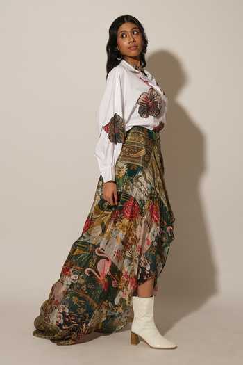 Esha L Amin_Green Crepe, Viscose Flamingo Print Skirt _Online_at_Aza_Fashions