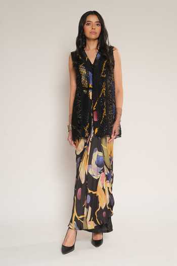 Esha L Amin_Black Viscose, Crepe Open Neck Embroidered Sleeveless Jacket _Online_at_Aza_Fashions