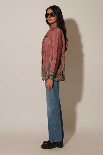 Esha L Amin_Pink Crepe, Viscose Collared Neck Floral Embroidered Jacket _Online_at_Aza_Fashions